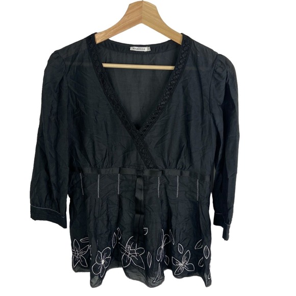 Marella‎ Blouse Shirt Women's Sz 42 US 6 Cotton Silk Blend Embroidered Black - Picture 1 of 6